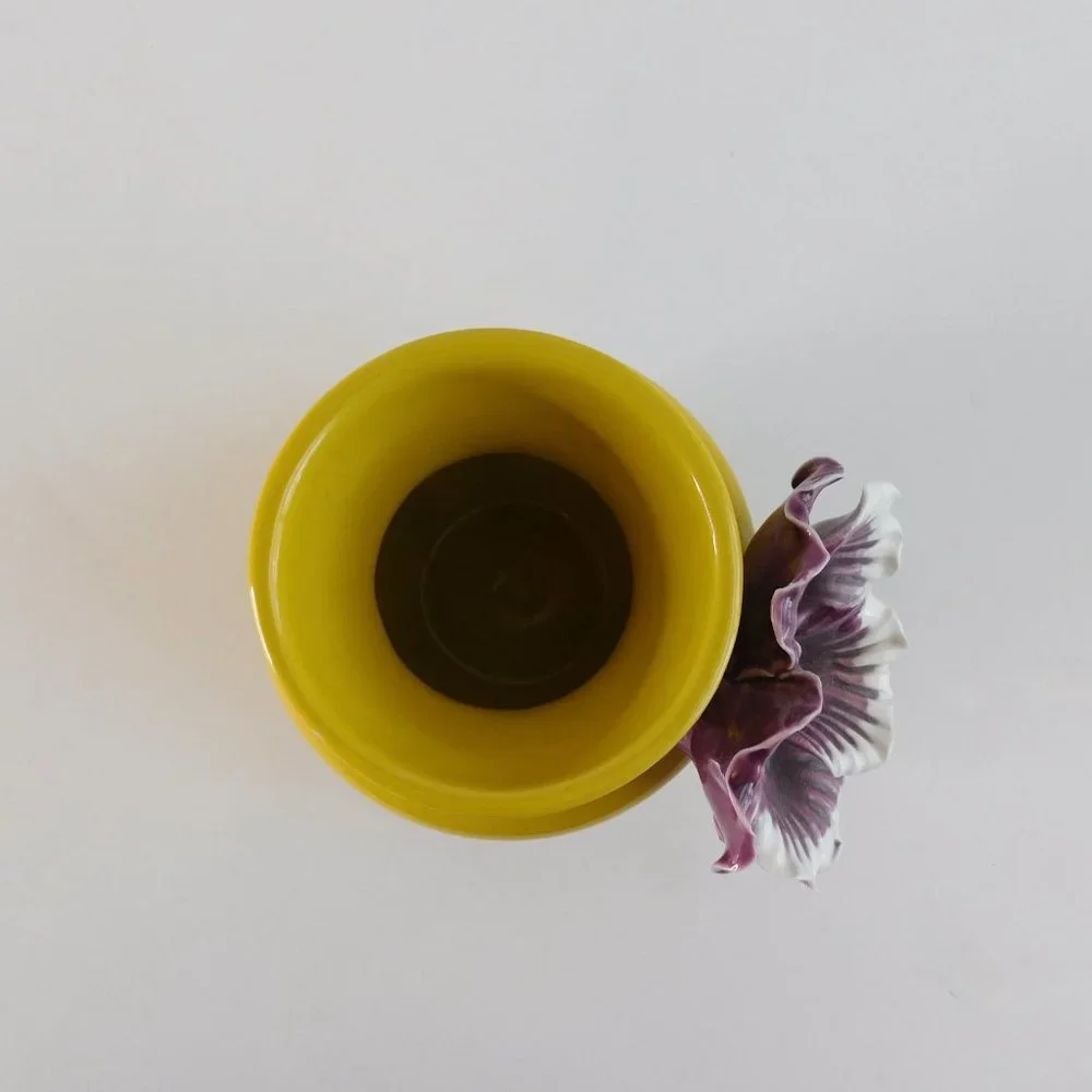 Anthropologie Yellow Ceramic Bud Vase with Purple & White Floral Accent